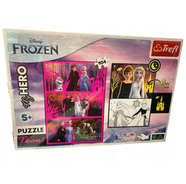 Puzzle Neon Frozen + plakat świecący w ciemności 104 elementy, Trefl