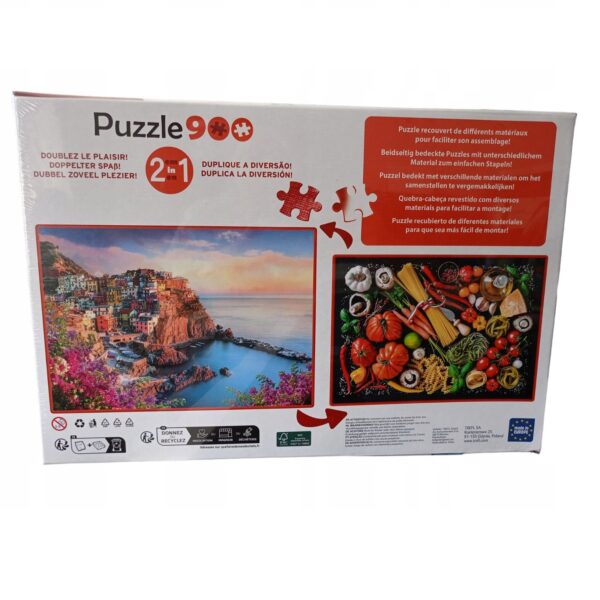Puzzle 2w1 Manarola Włochy i włoskie przysmaki 900 elementów, Trefl